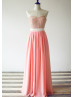 Long Coral Beaded Chiffon Ivory Satin Sash Prom Dress